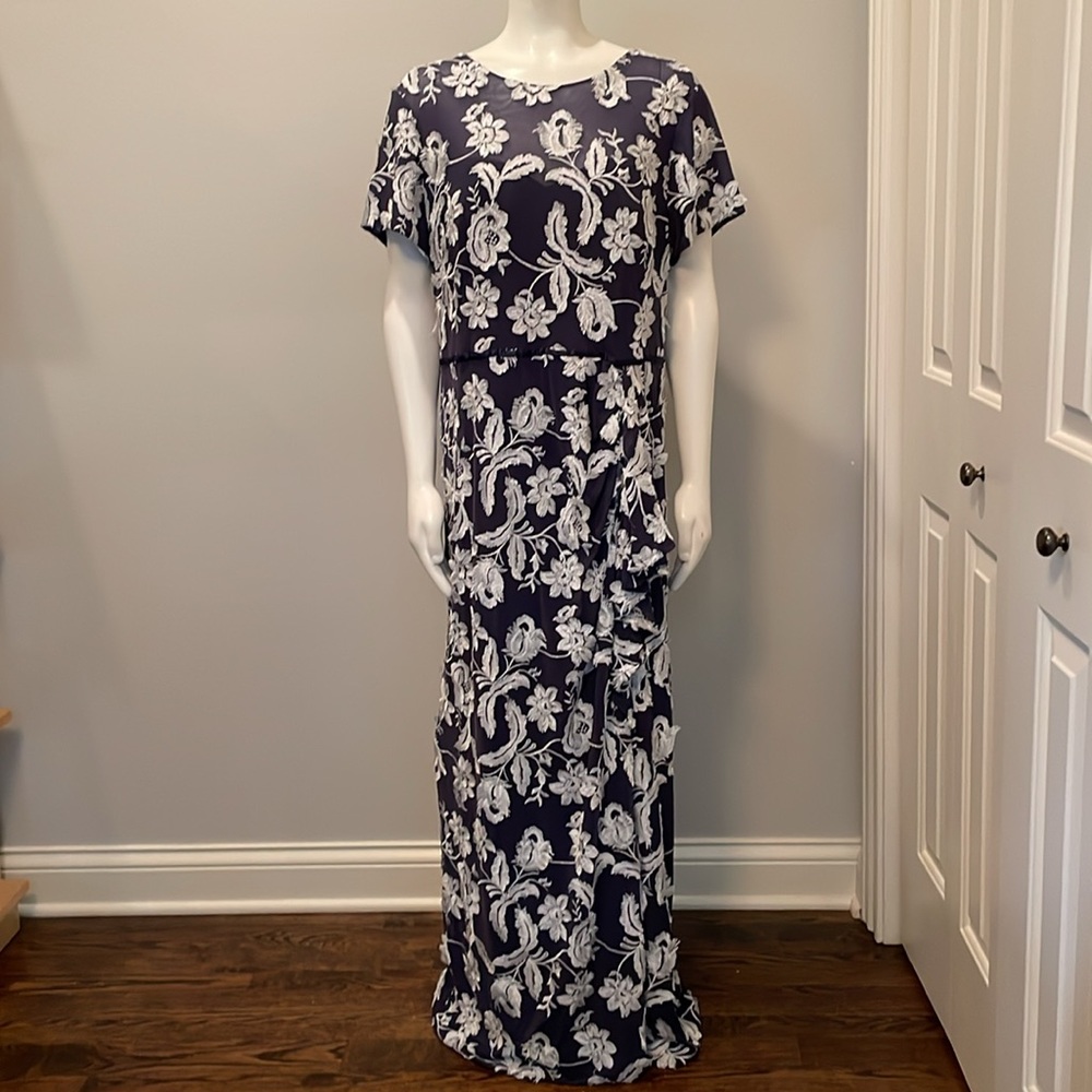 JS Collections Floral Embroidered Ruffle Drape Column Dress Gown Blue Size 16W